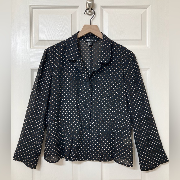Dkny Tops - DKNY Black Tan Polka Dot Long Sleeve Silk Button Down Shirt 16 Parisian Chic XL